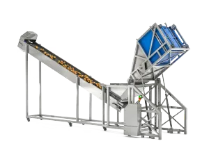 POTATO RECIVING AND FEEDING STATION | Natural Potato Chips Production Line PC 600 | PC 600 potato chips production line (600 kg/h): AISI 304 hygienic build, continuous frying, oil & water filtration, seasoning and packaging. Contact Zirve.