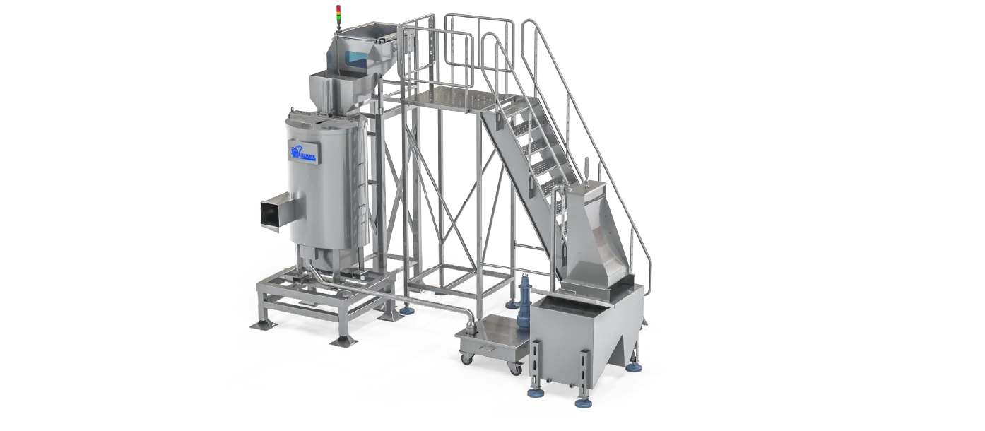 Mechanical Peeling Station — Fixed Tub & Rotating Floor with Water Loop and Filtration