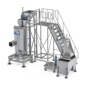 Mechanical Peeling Station — Fixed Tub & Rotating Floor with Water Loop and Filtration
